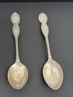 【激レア】1890年代 スターリングシルバー スプーン 純銀 記念 2本セット 激レア】1890年代 スターリングシルバー スプーン 純銀 記念 2本セット