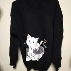 猫のイラスト付き黒ニットセーター