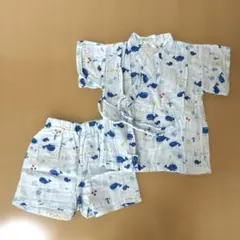 【美品】クジラ柄 甚平 80㎝ 日本製 綿100 水色