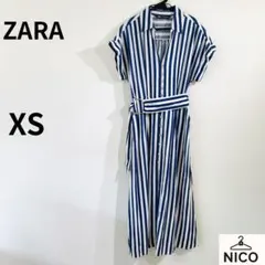 訳あり　ZARA リネン混 ストライプ ロングワンピース XS 紺×白 ベルト付