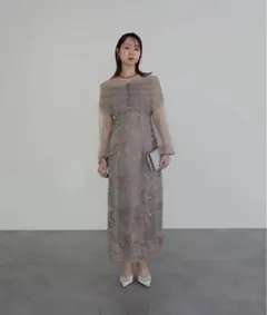 チュールオフショルダー花柄Iラインドレスワンピース