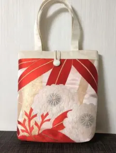 帯リメイクバッグ 花柄刺繍トートバッグ