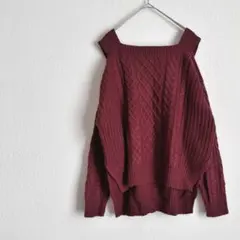 ＊イング＊ オフショルダー ケーブルニット M フェミニン 韓国風 ワインレッド