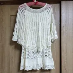 アイボリー かぎ針編み　ケープ 半袖チュニック　М