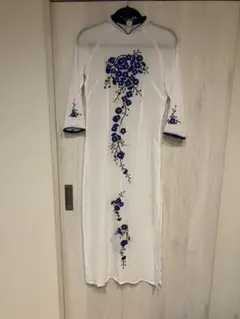 チャイナワンピース風　パンツ付き　花柄刺繍 ホワイト 長袖ワンピース