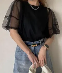 チュールレイヤードボリューム袖トップス