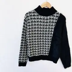 【アズールバイマウジー】シャギーコンビツイードニットトップス　Ｓ　柄ブラック