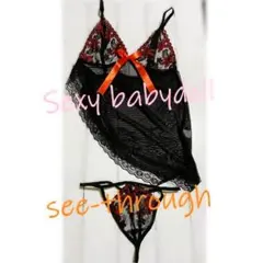 ベビードール　上下セット　ブラック　コスチューム　ミニキャミソール　花柄　レース