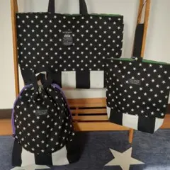 黒白 星柄 ストライプ レッスンバッグ シューズバッグ 体操着袋 長持ち