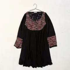 【モスクワ】長袖チュニック（M）フレア 異素材 トップス ウール混 フェミニンのサムネイル
