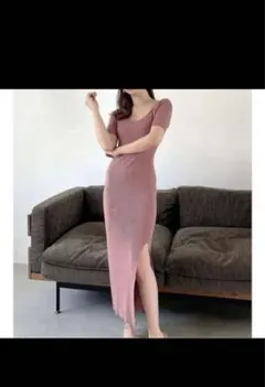 ピンク リブ編み スリットロングワンピース