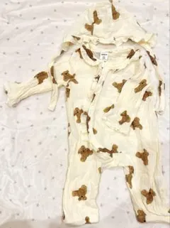 くま柄ロンパース 長袖 帽子付き 3-6M