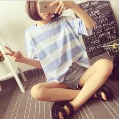 【期間限定】夏　クルーネック　ボーダーTシャツ　M　水色　a323a
