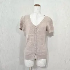 RETRO GIRL 透かし編み 半袖ニットカーディガン 麻・綿 ナチュラル