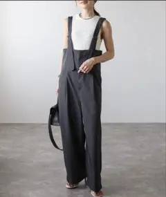 ボンジュールサガン　ハイウエストワイドサロペット　チャコール