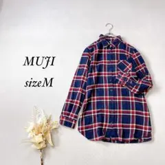 無印良品 フランネルシャツ 長袖 コットン チェック柄【M】胸ポケット 紺色 赤