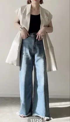 裾フリンジデニム美脚ワイドデニムSサイズ