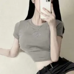 チビTシャツ半袖グレーy2k韓国ストリート可愛いサブカル女子