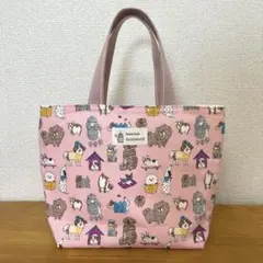 ハンドメイド　ミニトートバッグ　ピンク色　色んな犬柄　裏地　クリーム色