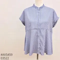 ＊美品＊grove フレンチスリーブブラウス ストライプ 白×青 M 比翼仕立て