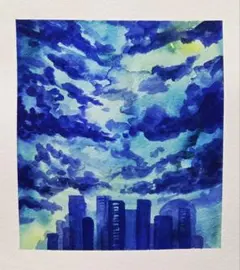 都会の夜景のアート作品 水彩画