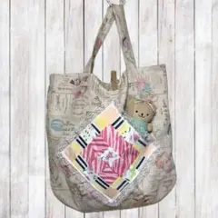 ハンドメイド パッチワークポケット付きスイーツ柄トートバッグ☆