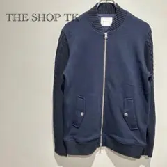 THE SHOP TK ネイビー ジップ　ニットジャケット　ブルゾン　ノーカラー