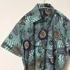 美品　アロハシャツ　太陽　総柄　水色　柄シャツ　ビンテージ　花　幾何学柄　夏服のサムネイル