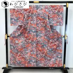 小紋 花模様 松 菊 暈し 縮緬 青黛色 K-5877 小紋 花模様 松 菊 暈し 縮緬 青黛色 K-5877の通販 by リユース着物