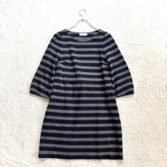✨アナトリエ【38】グレー ボーダー ワンピース リボン 七分袖 秋冬