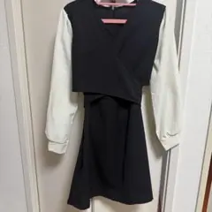 配色デザイン カシュクール風 ワンピース ブラック×ホワ