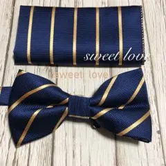 蝶ネクタイ　ポケットチーフ2点セット/ネイビー&ゴールドストライプ O