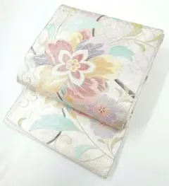 6k1194 袋帯 絹 唐織 銀色 青 金色 ピンク 花柄 和装 着物 - メルカリ
