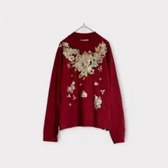 2728♡Sanpigalle♡花柄ニット 赤 M 長袖 ビーズ ハイネック