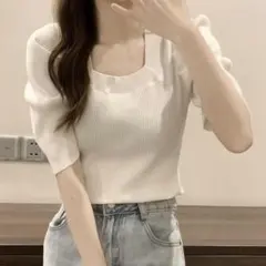 SHINE 無地柄 スクエアネック パフスリーブ リブニット トップス