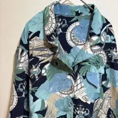 総柄 開襟シャツ アロハ風 船・羅針盤柄 ブルー系 ヴィンテージ風 ブランド不明