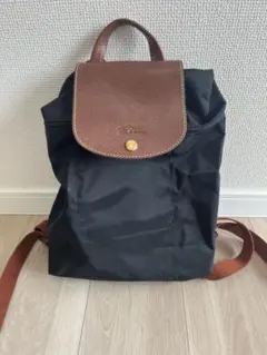 ロンシャン 黒 ナイロン レザー フラップバックパック