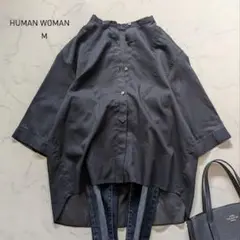 HUMAN WOMAN ノーカラー ブラウス シャツ M 黒 薄手 ストライプ