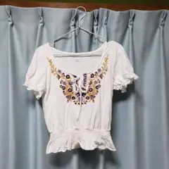 アメリカンイーグル 綿100% 花柄刺繍 パフスリーブブラウス [S]