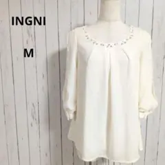 イング☆五分袖　シフォン　ブラウス　首元ビジュー　両袖レース　M　白系