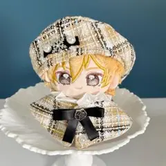 10〜12cm ぬい服　サテン ツイード ベレー帽　チェック　ポンチョ　黄色