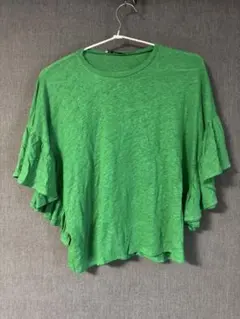 【美品】ZARA グリーン フリル袖 半袖シャツ