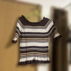 NICE CLAUP オフショルダー ボーダー フリル ニット 半袖