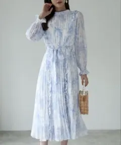 トッコクローゼットリボン付きフリル装飾トワルドジュイプリントプリーツワンピース