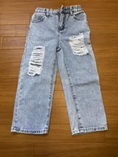 ライトブルー ダメージ加工 ロングパンツ