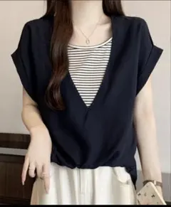 【美品】ENAF エナフ　tシャツ 半袖 ボーダーレイヤードトップス 重ね着風