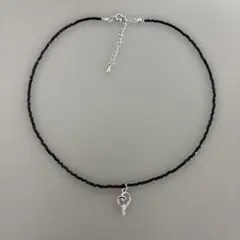 handmade ブラック 黒 ビーズ ハート シルバー ネックレス チョーカー