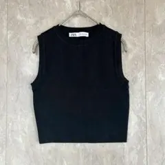 良品 ZARA ザラ ノースリーブニット ブラック L 黒 ショート丈 無地