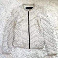 ZARA BASIC ツイード ノーカラージャケット ラメ ジップアップブルゾン