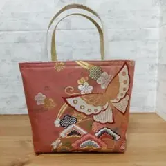 帯リメイクバッグ蝶　松　桜など　くすみピンク